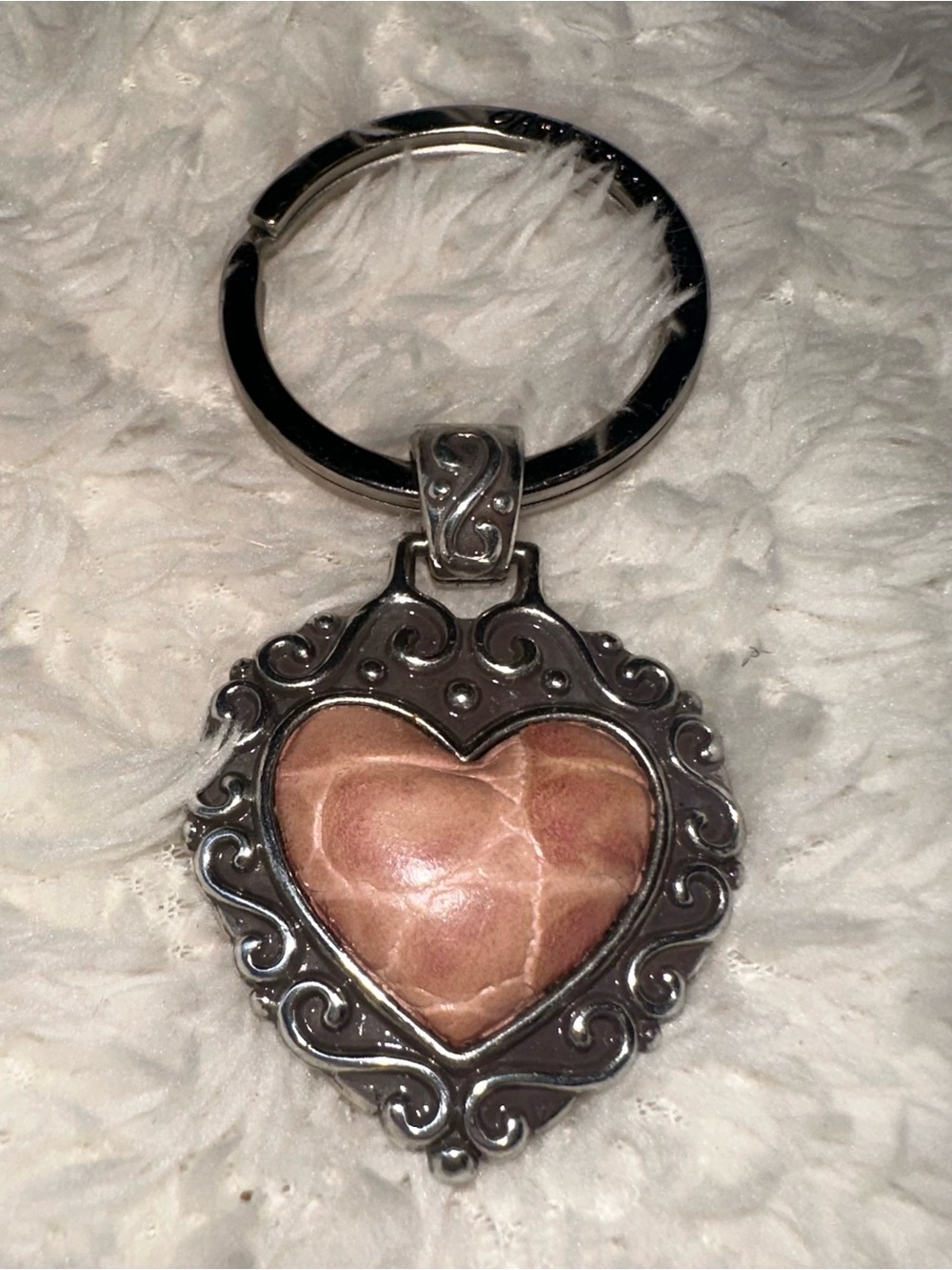 BRIGHTON Heart Stone Keychain Pendant - Silver Frame, Pink-Brown Stone